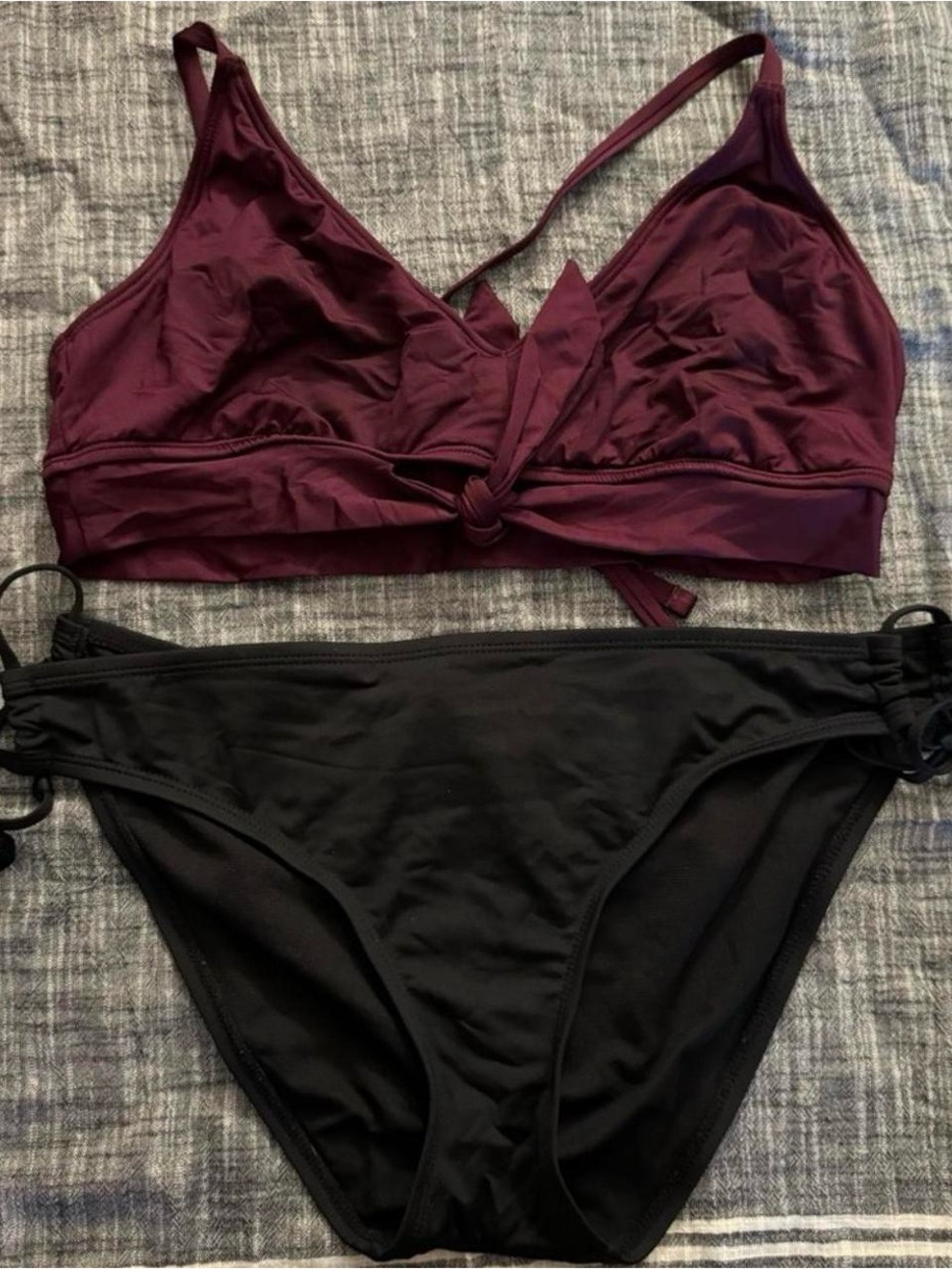 Kona Sol Burgundy Knot-Front Bikini Top with Black Bottoms